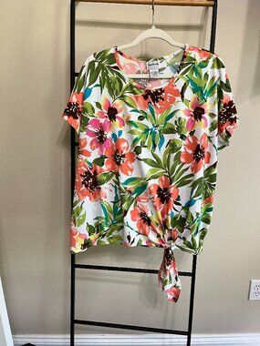 Bon Worth XL Floral Short Sleeve Button Down Tie Top Tropical Floral Summer